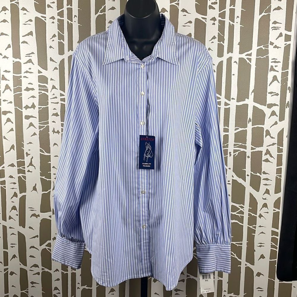 CHAPS NEW $60 Classic Fit Polished Balloon Sleeve Stretch Poplin Striped Blouse